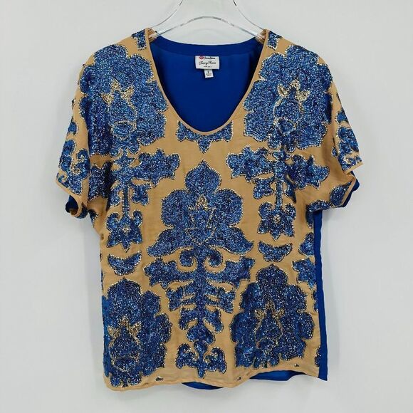 Tracy Reese for Target Small Tan & Blue Sequin Patterned Short Sleeve Blouse Top - Picture 1 of 7